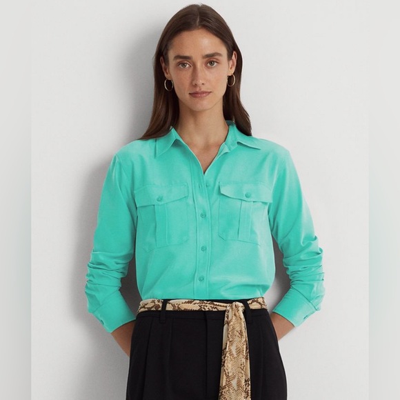 LAUREN RALPH LAUREN Women's Crepe Long Sleeve Buttoned Top - Picture 1 of 5